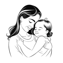 Lijnkunsttekening van Katy Perry die haar dochter, Daisy Dove Bloom, omhelst met een hartverwarmende glimlach.