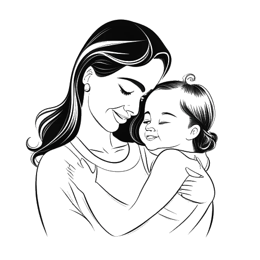 Desenho artístico de Katy Perry abraçando sua filha, Daisy Dove Bloom, com um sorriso emocionante.