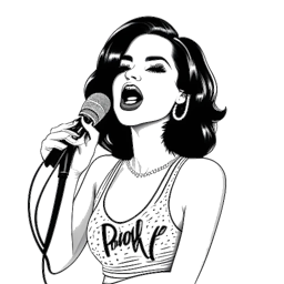 Lijnkunsttekening van Katy Perry met een microfoon, omringd door muzieknoten en de woorden "pop" en "rock" vermengd.