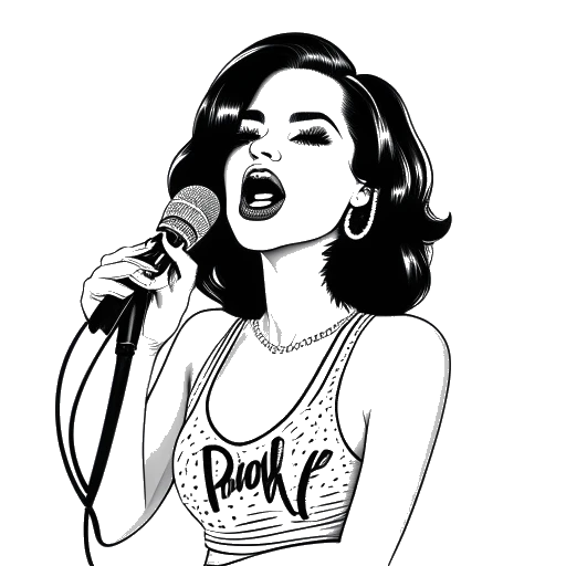 Dessin en lignes de Katy Perry tenant un microphone, entourée de notes de musique et des mots "pop" et "rock" entremêlés.