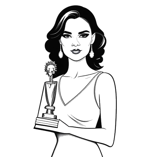 Lijnkunsttekening van Katy Perry met een Oscar award in handen, symbool voor haar prestaties in muziek en film.