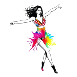 Lijnkunsttekening van Katy Perry, een wereldwijde pop sensatie, optredend op het podium met kleurrijke outfits en energieke dansmoves.
