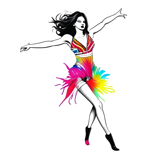 Disegno a linee di Katy Perry, una sensazione pop globale, che si esibisce sul palco con abiti colorati e movimenti di danza energici.