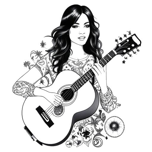 Lijnkunsttekening van een jonge Katy Perry met een gitaar, omringd door muzieknoten en symbolen.