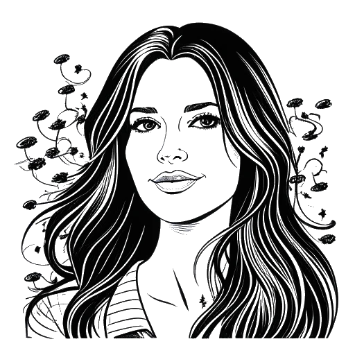 A black and white drawing of a confident woman with long dark hair, surrounded by musical notes and dollar signs, representing Katy Perry's success as a singer-songwriter and entrepreneur.