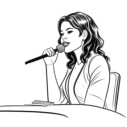 Line art drawing of a woman, representing Katy Perry, sitting at the judges' table with the American Idol logo behind her.
