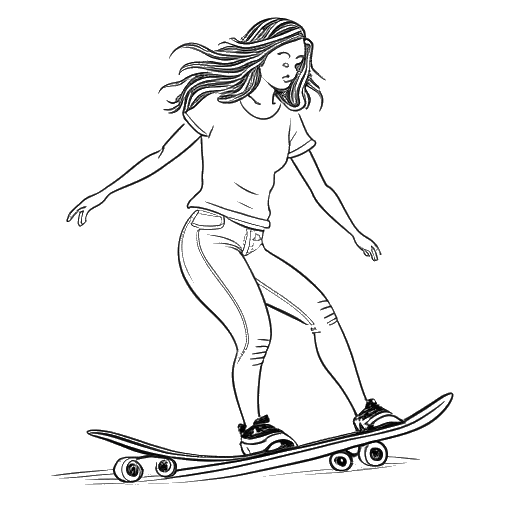 Strichzeichnung einer jungen Frau, die Katy Perry darstellt, beim Rollschuhlaufen mit einem Surfbrett und Skateboard in der Nähe.