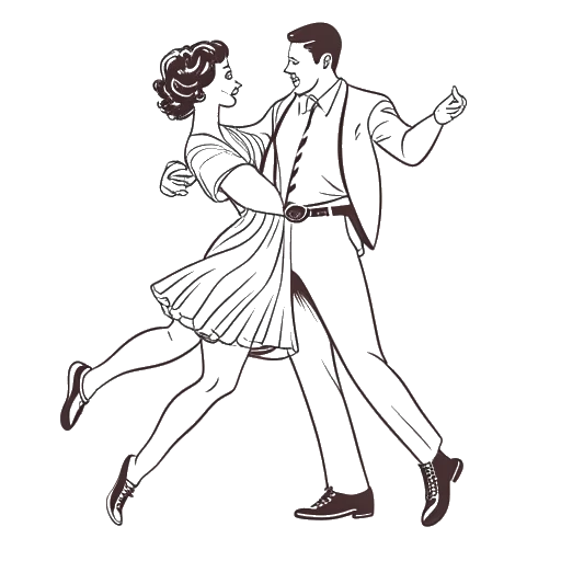 Line art drawing of a woman, representing Katy Perry, dancing the Lindy Hop with a partner.