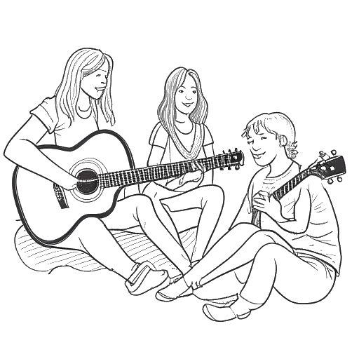 Line art drawing of a teenage girl, representing Katy Perry, playing guitar for her parents.