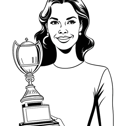 Line art drawing of a woman, representing Katy Perry, holding a trophy, with a Forbes magazine cover featuring her in the background.