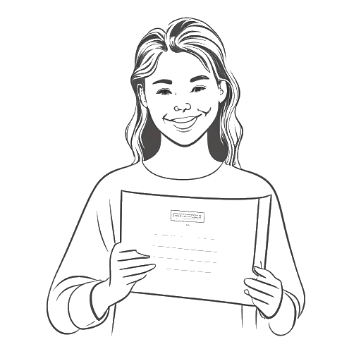 Line art drawing of a young woman, representing Katy Perry, holding her GED certificate.