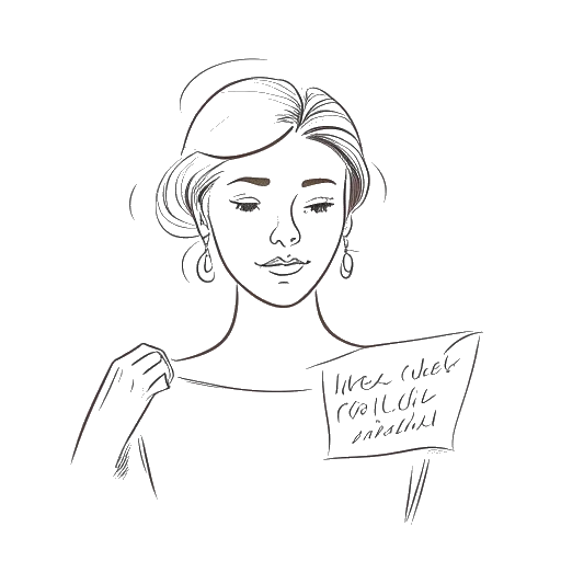 Line art drawing of a woman, representing Katy Perry, looking concerned, holding a sheet of paper with the lyrics 'I Kissed a Girl'.