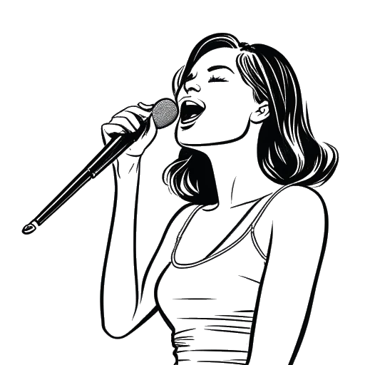 Line art drawing of a woman, representing Katy Perry, performing on stage with the words 'I Kissed a Girl' on the backdrop.