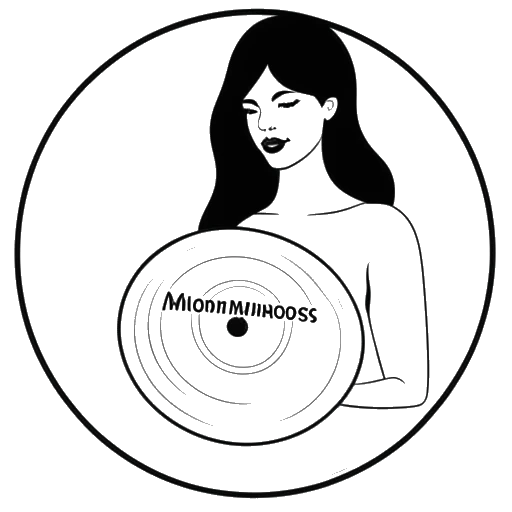Desenho em arte linear de uma mulher, representando Katy Perry, segurando um disco com o rótulo 'Metamorphosis Music'.