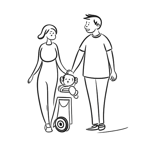 Line art drawing of a happy couple, representing Katy Perry and Orlando Bloom, with a baby stroller nearby.