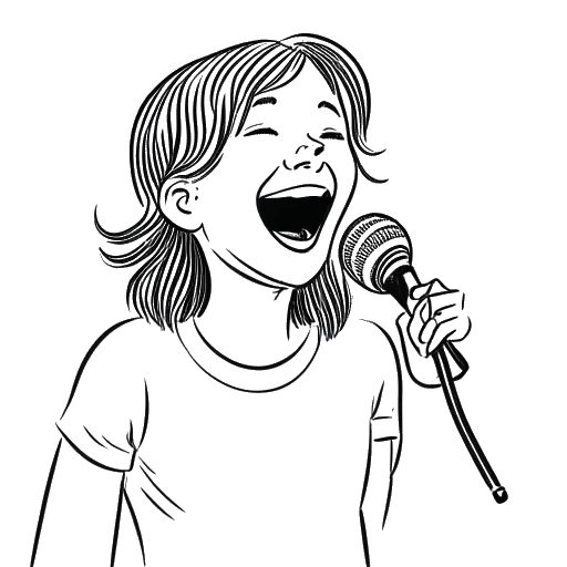 Line art drawing of a young girl, representing Katy Perry, holding a microphone and singing.