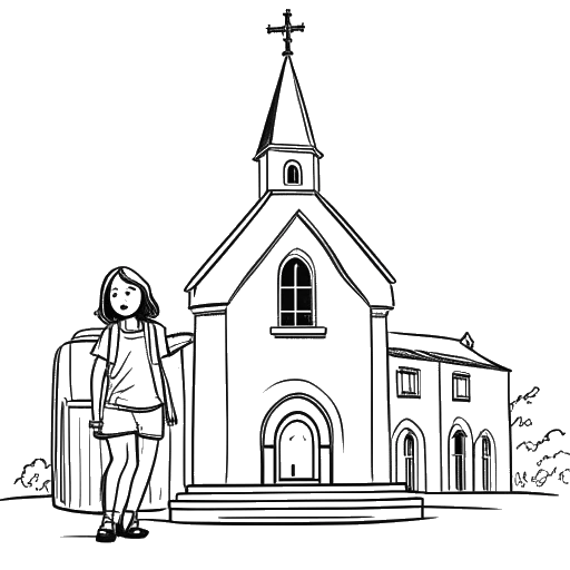 Line art drawing of a young girl, representing Katy Perry, standing in front of a church with a suitcase.