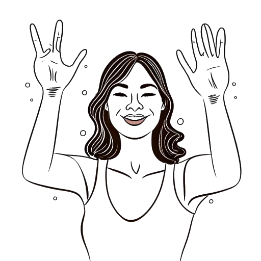 Line art drawing of a woman, representing Katy Perry, holding up five fingers, symbolizing her five number one hits.