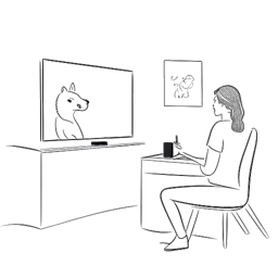 Strichzeichnung, die HoneyPuu beim Online-Streaming zeigt, während sie auch Momente aus ihrem Privatleben mit einem Mann und einem Haustierhund teilt.