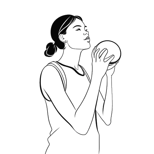 Strichzeichnung einer Frau, die HoneyPuu darstellt, die einen Basketball und eine Pfeife hält, was ihre Tätigkeit als Teilzeit-Basketballtrainerin vor Beginn ihrer Streaming-Karriere symbolisiert.