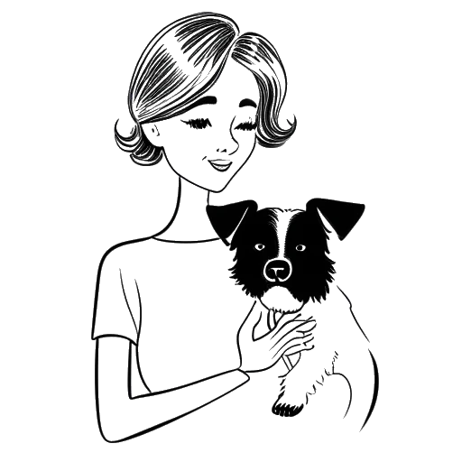 Strichzeichnung einer Frau, die HoneyPuu darstellt, die einen kleinen Hund hält, mit dem Text 'Coco' unter dem Hund, was ihren Zwergpudel symbolisiert, der gelegentlich in ihren Streams und auf ihren Social-Media-Auftritten erscheint.