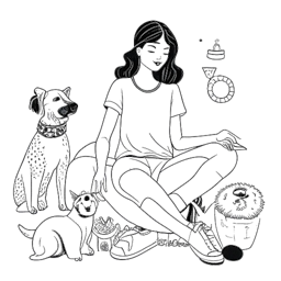 Line art di una donna rilassata che rappresenta Megan Eugenio con il suo cane, e icone per moda, viaggi e sport intorno a lei, catturando il suo stile di vita.