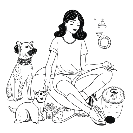 Desenho em arte de uma mulher relaxada representando Megan Eugenio com seu cachorro, e ícones de moda, viagem e esportes ao seu redor, capturando seu estilo de vida.