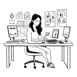 Dibujo lineal de una mujer representando a Megan Eugenio sentada con confianza en un escritorio multimedia, simbolizando su estatus como influyente multiplataforma.