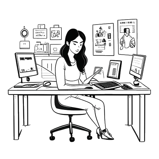 Dibujo lineal de una mujer representando a Megan Eugenio sentada con confianza en un escritorio multimedia, simbolizando su estatus como influyente multiplataforma.
