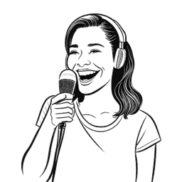 Disegno in line art di una donna che rappresenta Megan Eugenio, sorridente mentre tiene un microfono con il logo di Overtime, incarnando una commentatrice sportiva.