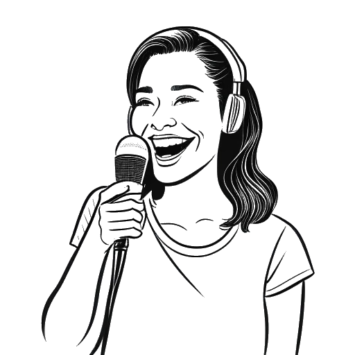Desenho em arte de linha de uma mulher representando Megan Eugenio, sorrindo enquanto segura um microfone com o logotipo da Overtime, personificando uma comentarista esportiva.