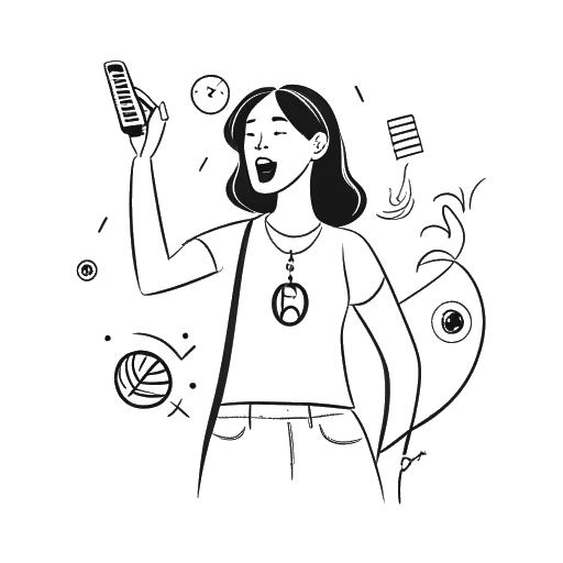 Dibujo de una mujer que representa a Overtime Megan, adornada con ropa casual, haciendo malabarismos con símbolos de redes sociales, un micrófono de podcast, un palo de hockey y una casa de creadores de contenido colaborativo, mostrando sus diversas fuentes de ingresos.