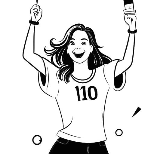 Line art drawing of a woman celebrating, with a TikTok logo and the number '150,000' in the background, representing Overtime Megan.