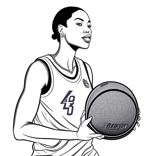 Line art drawing of a woman holding a basketball, with images of Kobe Bryant and LeBron James in the background, representing Overtime Megan.