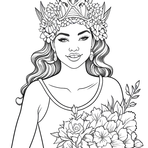 Desenho em arte linear de uma mulher usando faixa e coroa, segurando um buquê de flores, representando a Overtime Megan, com um pano de fundo de concurso de beleza.
