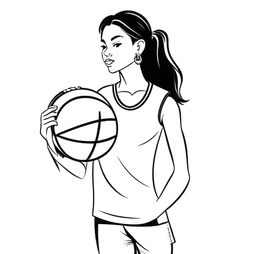 Line art drawing of a girl with a basketball, representing Overtime Megan, in front of a Massachusetts state outline.