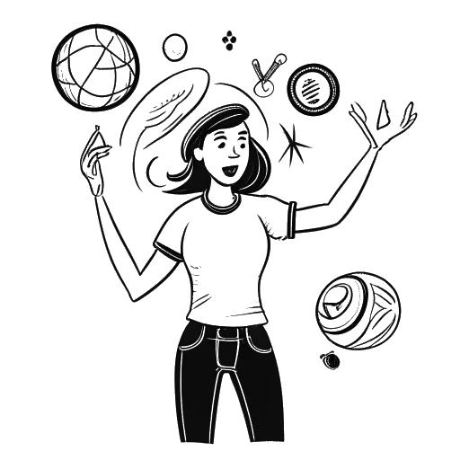 Line art drawing of a woman juggling various sports equipment, with a confused expression, representing Overtime Megan.
