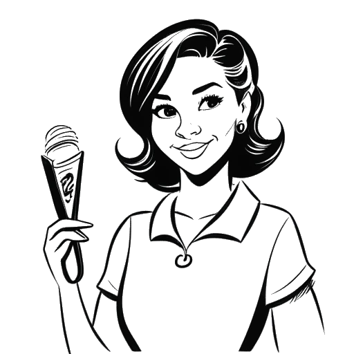 Line art drawing of a woman holding a certificate in one hand and a paintbrush in the other, with a media arts emblem in the background, representing Overtime Megan.