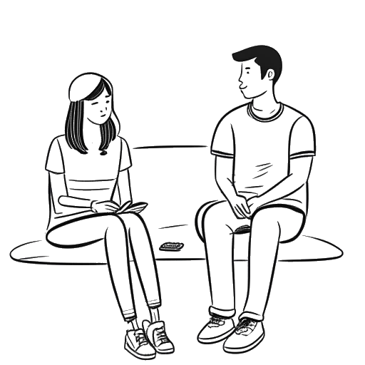 Dessin en ligne de deux personnes assises ensemble, avec un bouton de lecture YouTube en arrière-plan, représentant Overtime Megan et Flight.