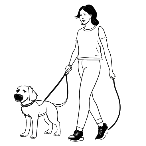 Line art drawing of a woman holding a leash with a dog at the end of it, with a Nike logo in the background, representing Overtime Megan and her dog Nike.