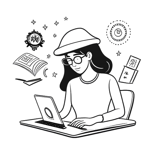 Desenho em arte linear de uma mulher estudando em um laptop, representando a Overtime Megan, com um chapéu de formatura e emblemas escolares ao fundo.