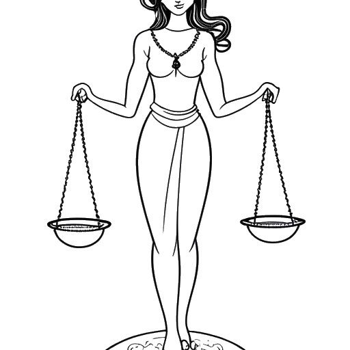 Dibujo en líneas de una mujer elegante sosteniendo una balanza, que es el signo zodiacal de Libra, representando a Overtime Megan.