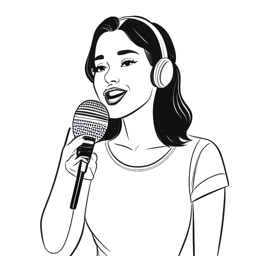 Line art drawing of a woman holding a microphone, with a TikTok logo in the background, representing Overtime Megan.