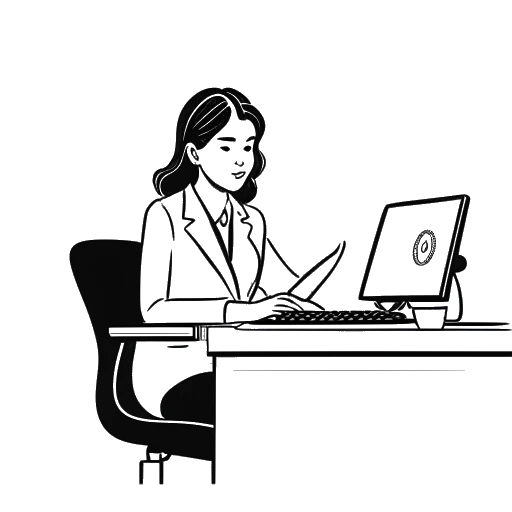 Line art drawing of a woman sitting at a desk, using a computer, representing Overtime Megan, with a CEO emblem in the background.