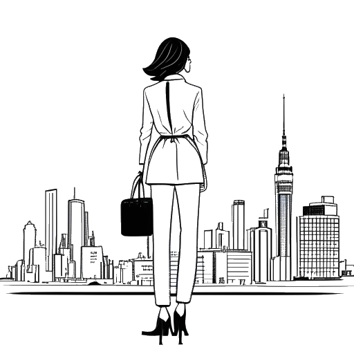 Line art drawing of a woman standing in front of the NYC skyline, representing Overtime Megan, with a suitcase at her side.