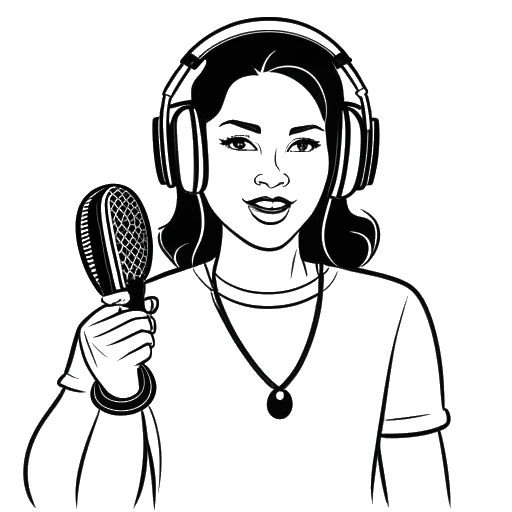 Desenho em arte linear de uma mulher segurando um microfone com fones de ouvido, em frente a um botão de play do YouTube e um emblema de futebol, representando a Overtime Megan e seu podcast.