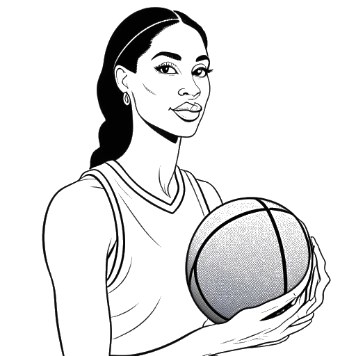 Line art drawing of a woman holding a basketball, with an image of Kobe Bryant in the background, representing Overtime Megan and her role model.