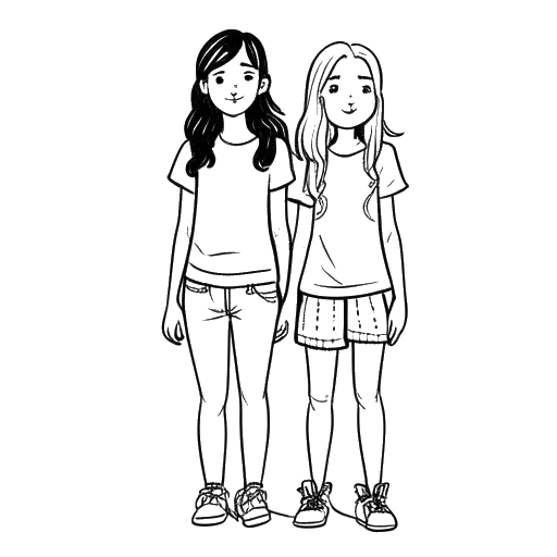 Desenho em arte linear de duas meninas em pé juntas, sendo uma ligeiramente mais alta, representando a Overtime Megan e sua irmã mais velha, Amanda.
