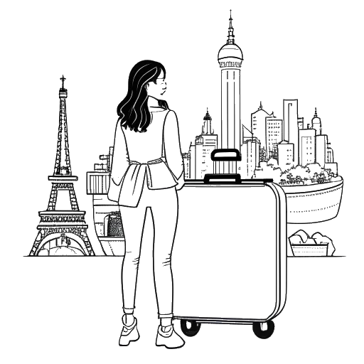 Line art drawing of a woman holding a suitcase and standing in front of world landmarks, representing Overtime Megan's travels to New York, Mexico, and Thailand.