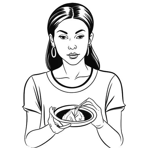 Dibujo en líneas de una mujer sosteniendo un diente de ajo, con un plato y cubiertos en el fondo, representando a Overtime Megan.